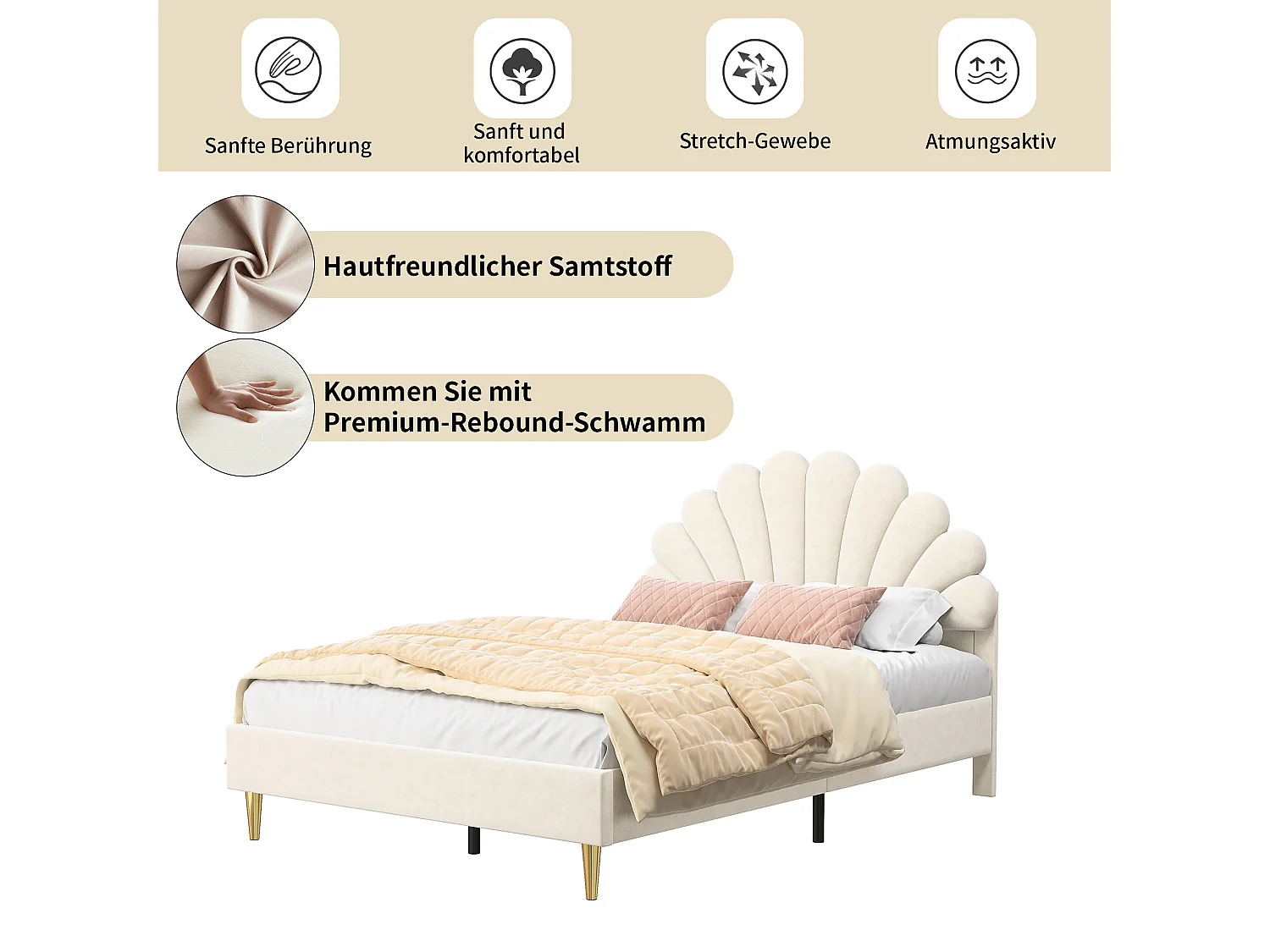 Tweepersoonsbed 140x200 cm, gestoffeerd bed met hoofdbord met bloemenpatroon en lattenbodem, beige fluweel, matras niet inbegrepen
