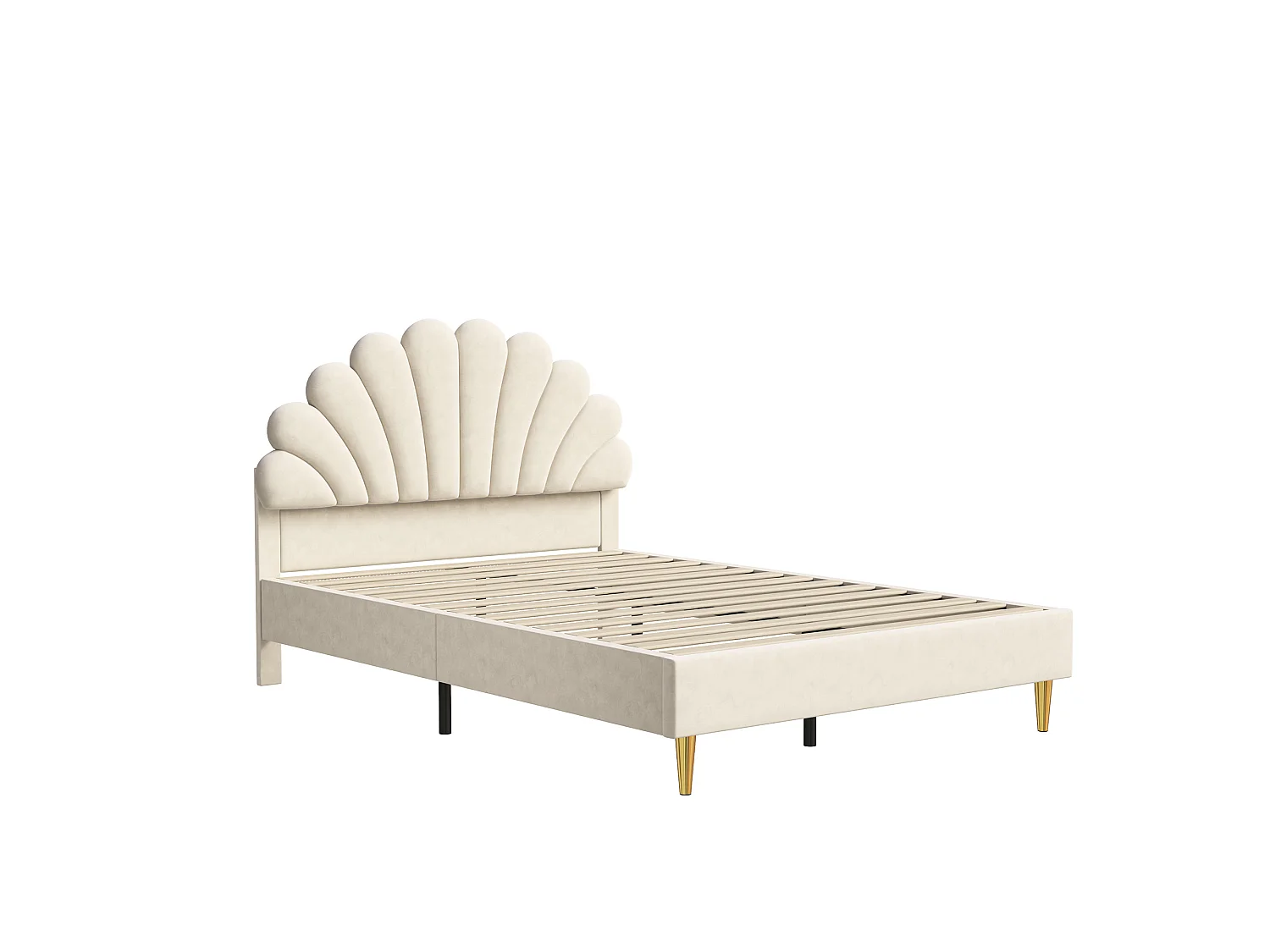 Tweepersoonsbed 140x200 cm, gestoffeerd bed met hoofdbord met bloemenpatroon en lattenbodem, beige fluweel, matras niet inbegrepen
