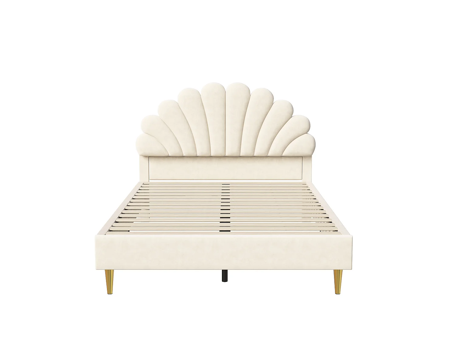 Tweepersoonsbed 140x200 cm, gestoffeerd bed met hoofdbord met bloemenpatroon en lattenbodem, beige fluweel, matras niet inbegrepen