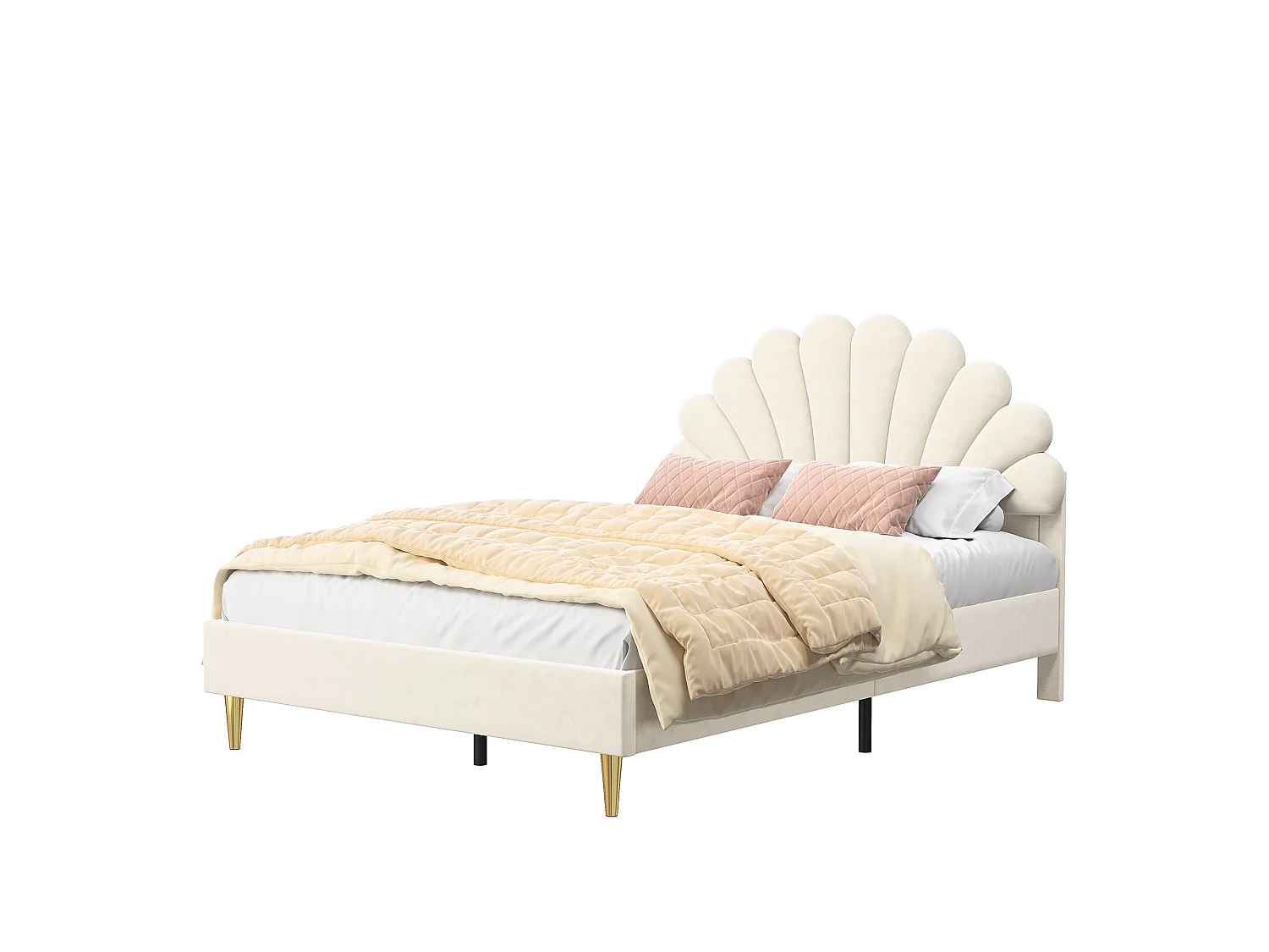 Tweepersoonsbed 140x200 cm, gestoffeerd bed met hoofdbord met bloemenpatroon en lattenbodem, beige fluweel, matras niet inbegrepen