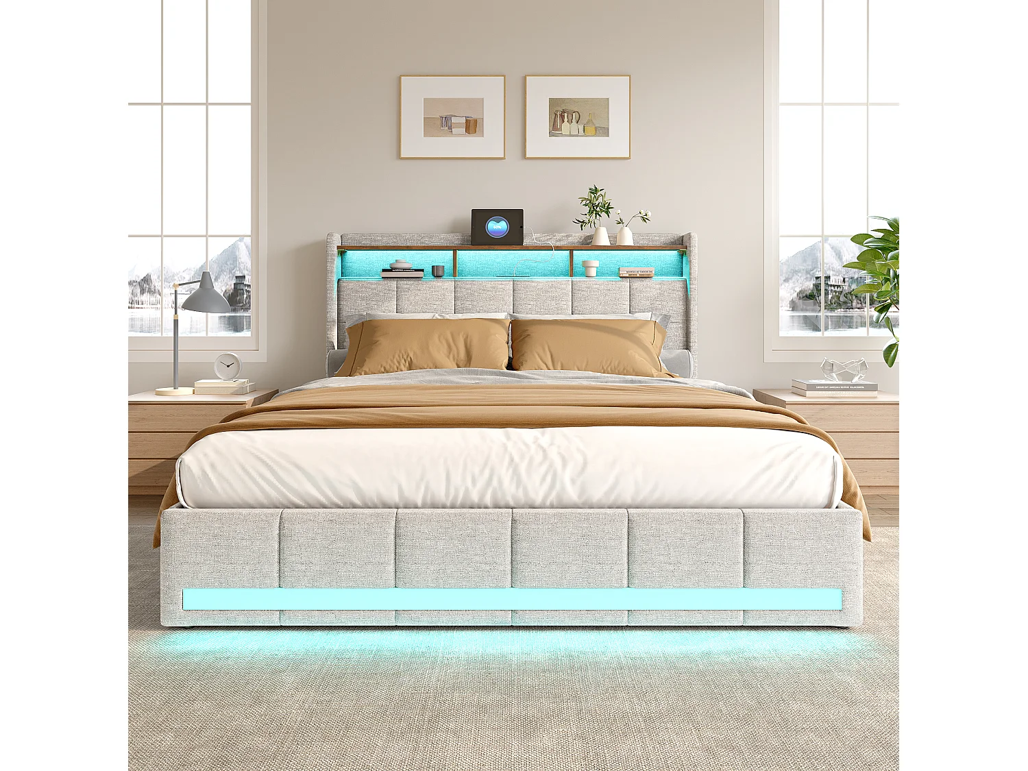 Lit Double Capitonné Avec Rangement, Port USB Et Éclairage LED, Lin Beige, 160 X 200 Cm, Sans Matelas
