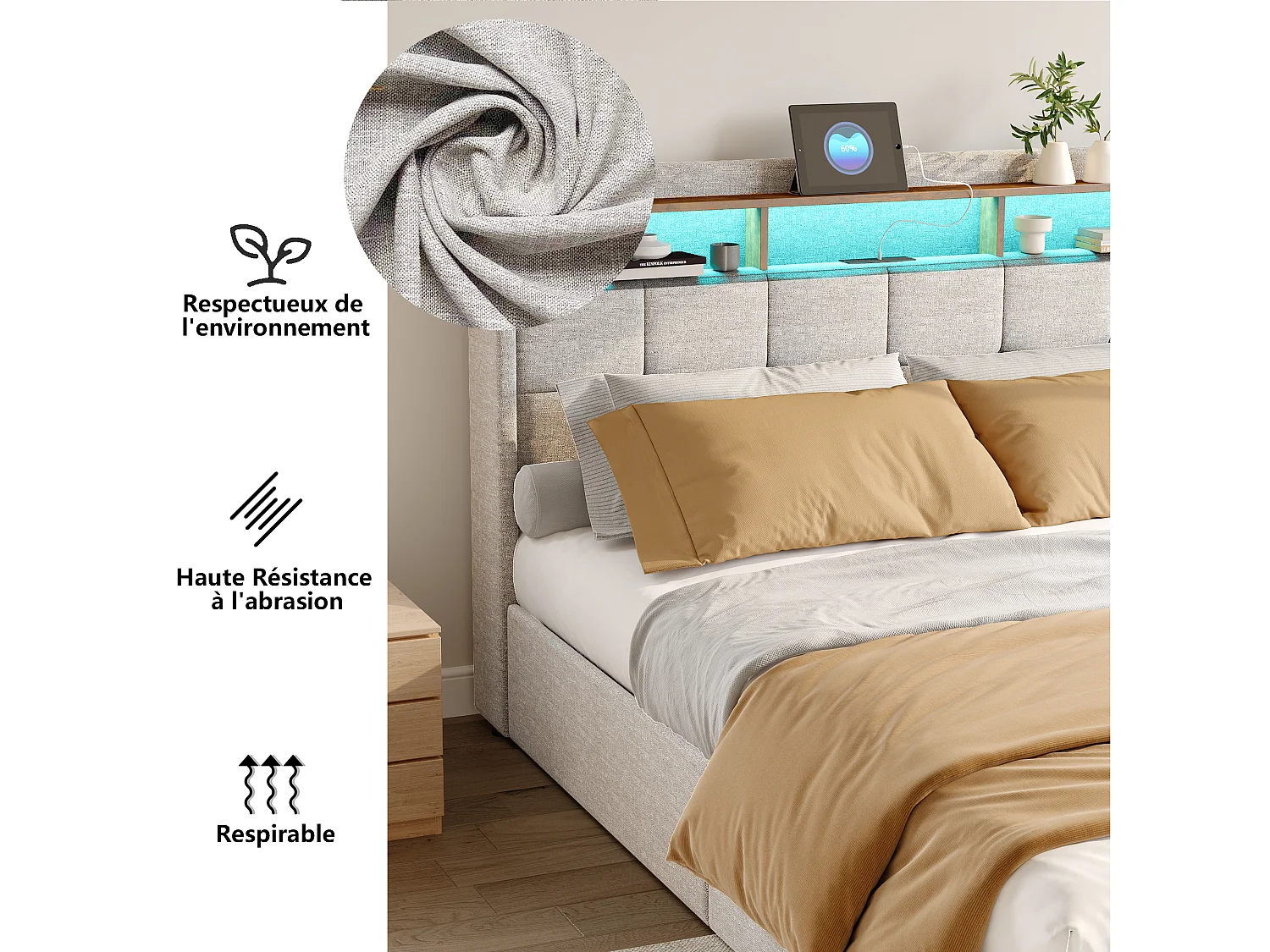 Lit Double Capitonné Avec Rangement, Port USB Et Éclairage LED, Lin Beige, 160 X 200 Cm, Sans Matelas