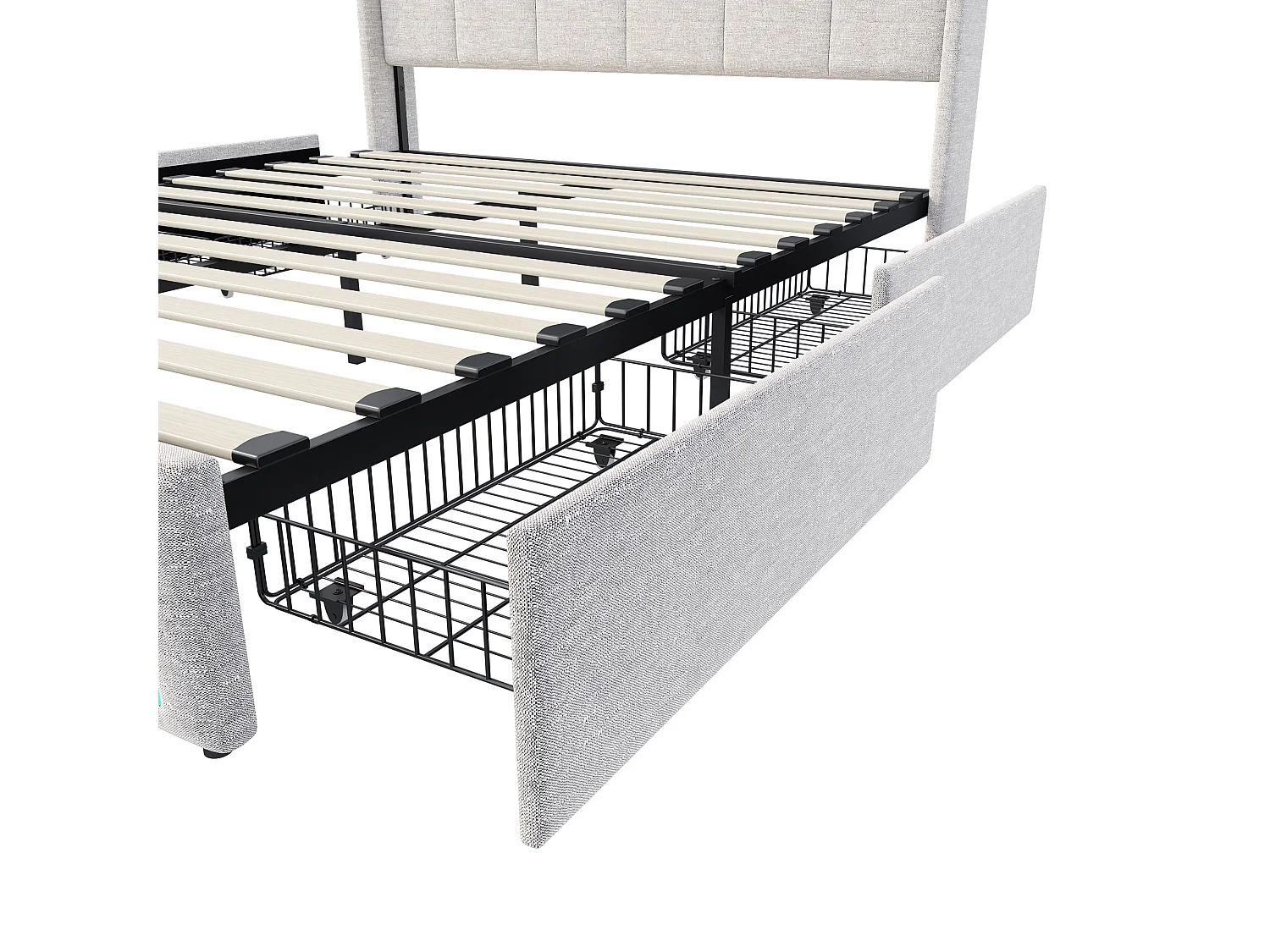 Lit Double Capitonné Avec Rangement, Port USB Et Éclairage LED, Lin Beige, 160 X 200 Cm, Sans Matelas