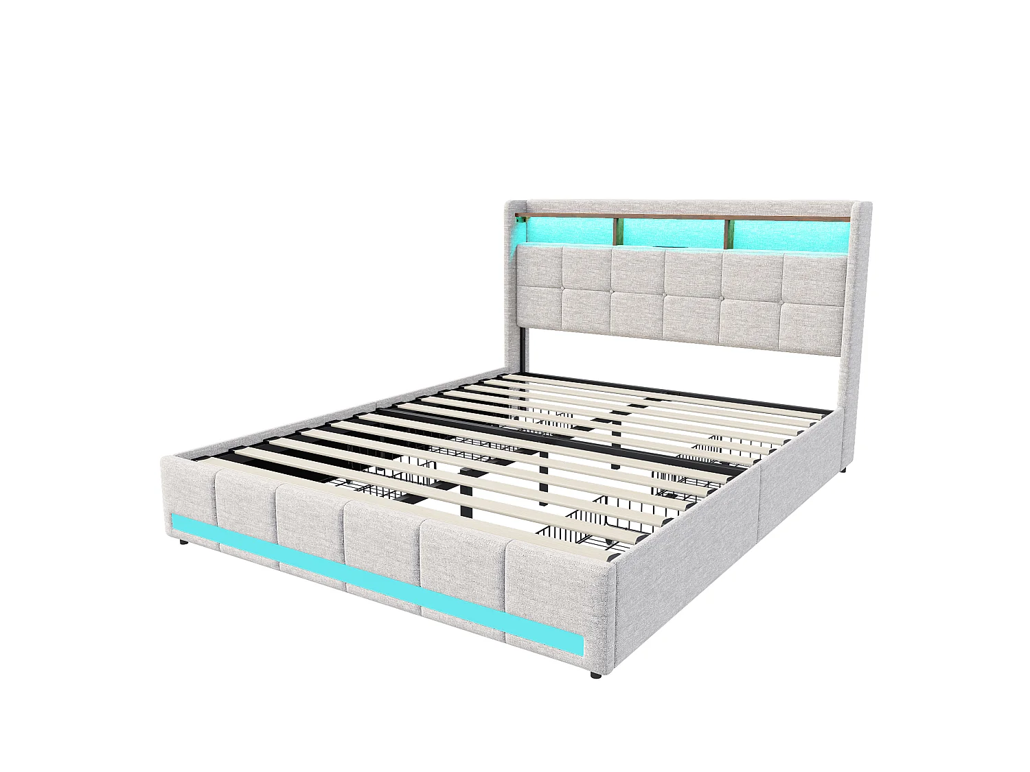 Lit Double Capitonné Avec Rangement, Port USB Et Éclairage LED, Lin Beige, 160 X 200 Cm, Sans Matelas