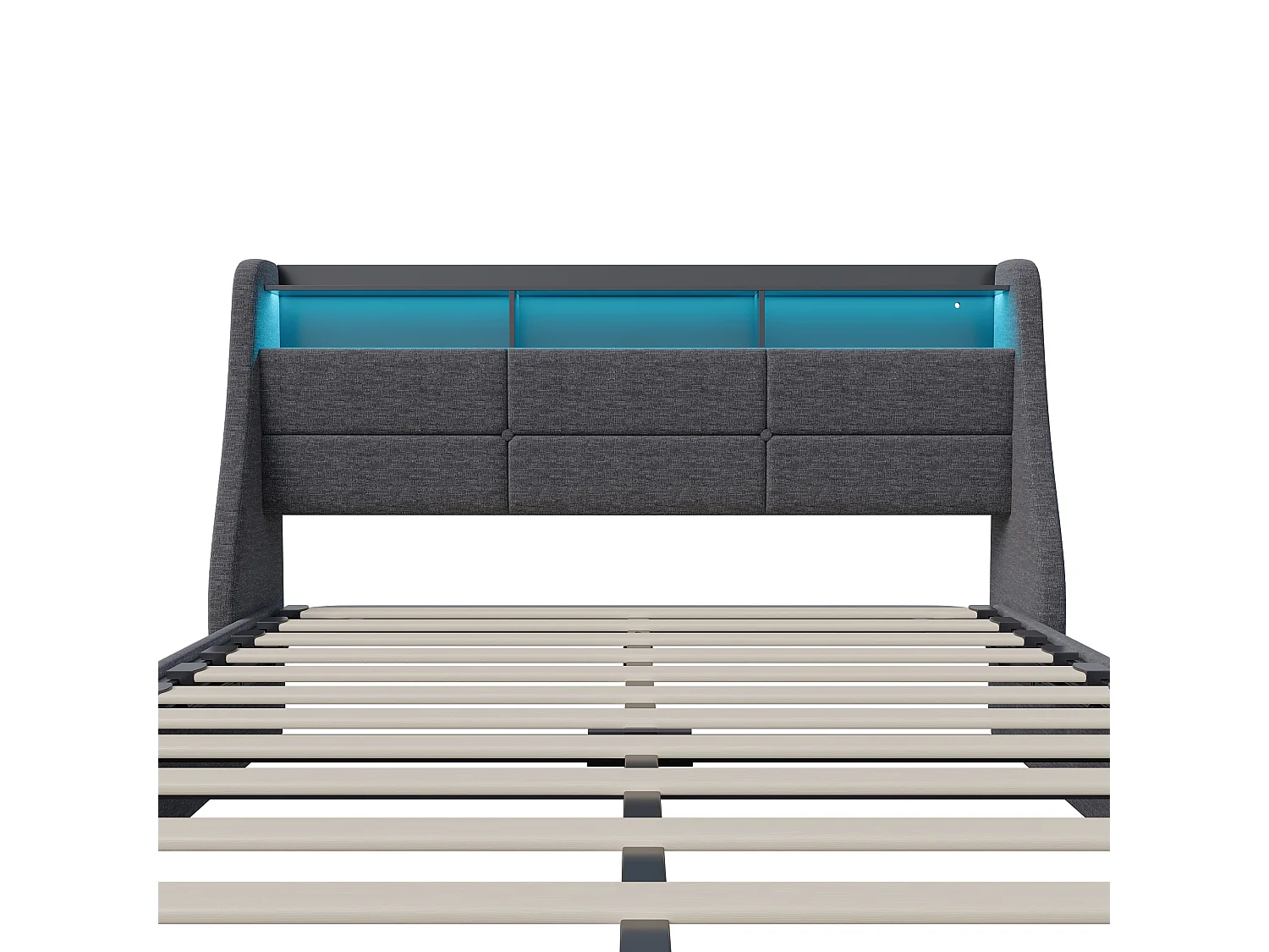 Lit coffre en lin 140x190cm avec LED et ports USB - sommier à lattes - Réservoir hydraulique-gris