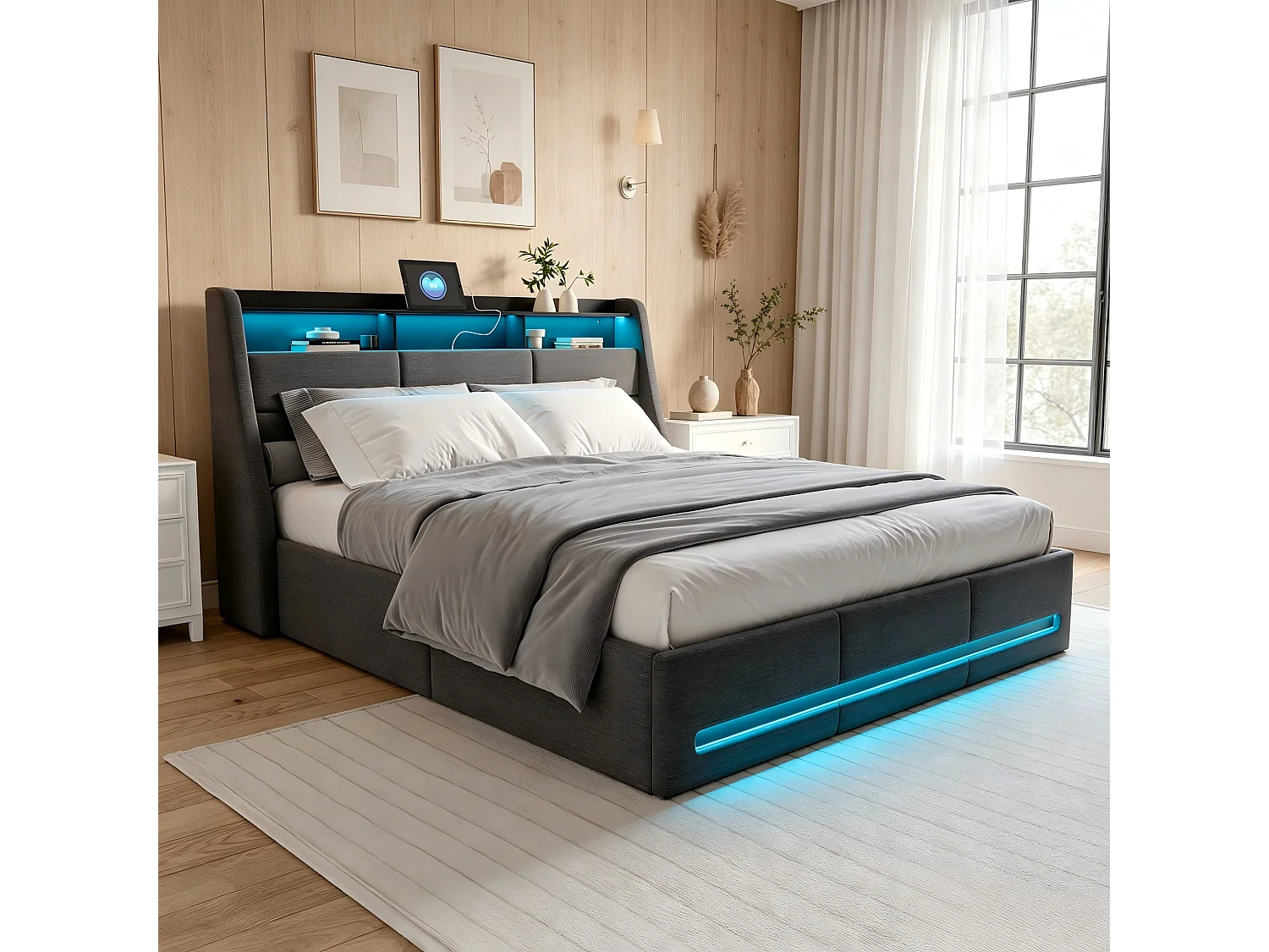 Lit coffre en lin 140x190cm avec LED et ports USB - sommier à lattes - Réservoir hydraulique-gris