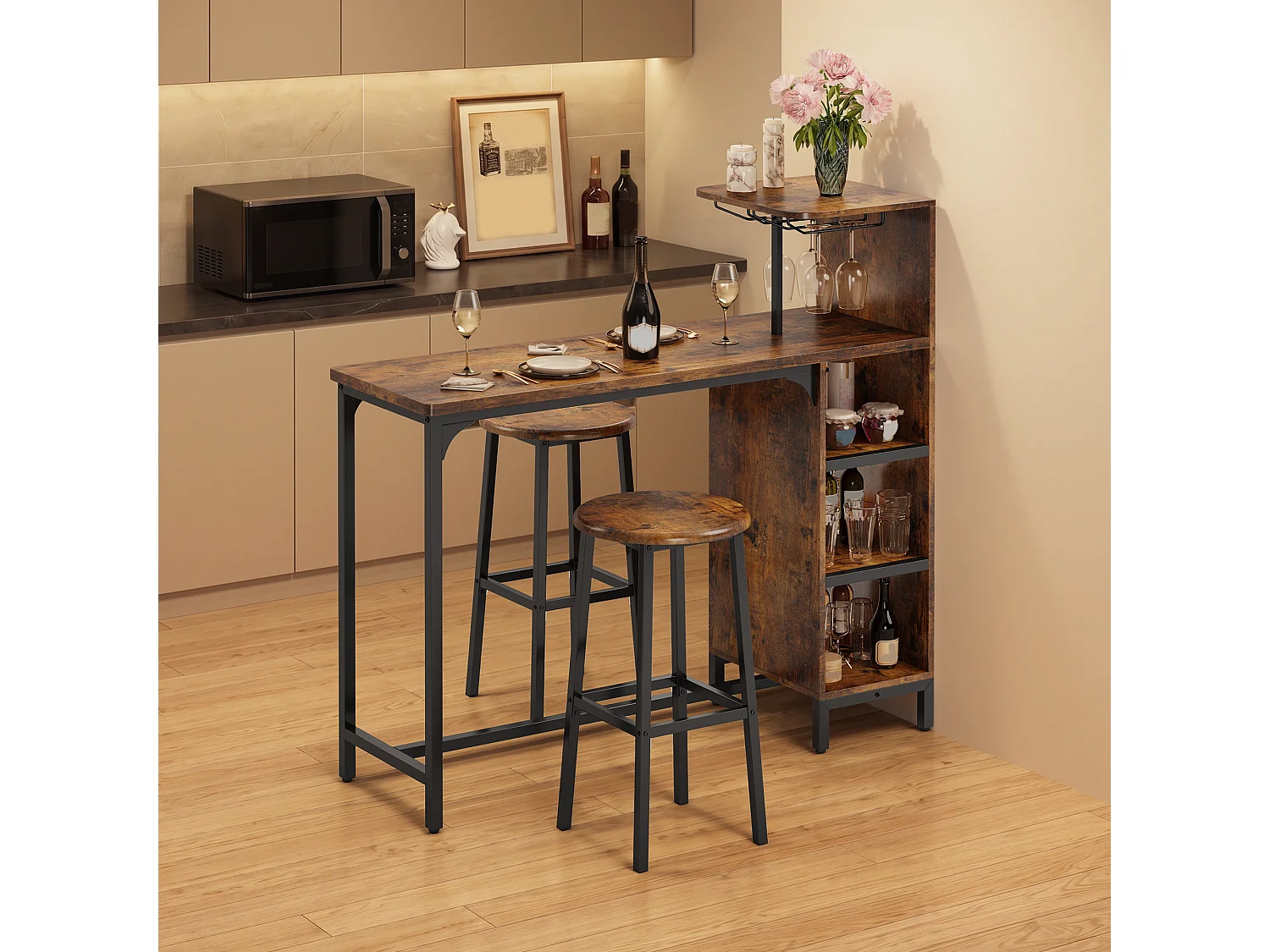 Ensemble Table et Chaises de Bar, 1 Table avec 2 Tabourets Hauts, avec Porte-Verres sur le Côté, Table de 120×40×120 cm, Tabourets Hauts de 39×16×60 cm, marron