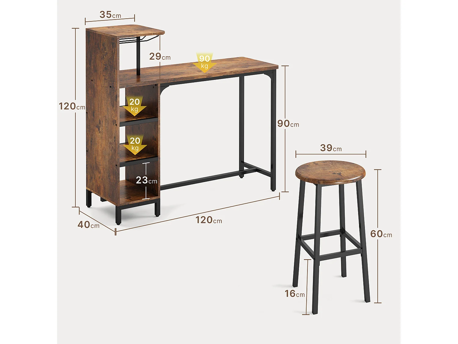 Ensemble Table et Chaises de Bar, 1 Table avec 2 Tabourets Hauts, avec Porte-Verres sur le Côté, Table de 120×40×120 cm, Tabourets Hauts de 39×16×60 cm, marron