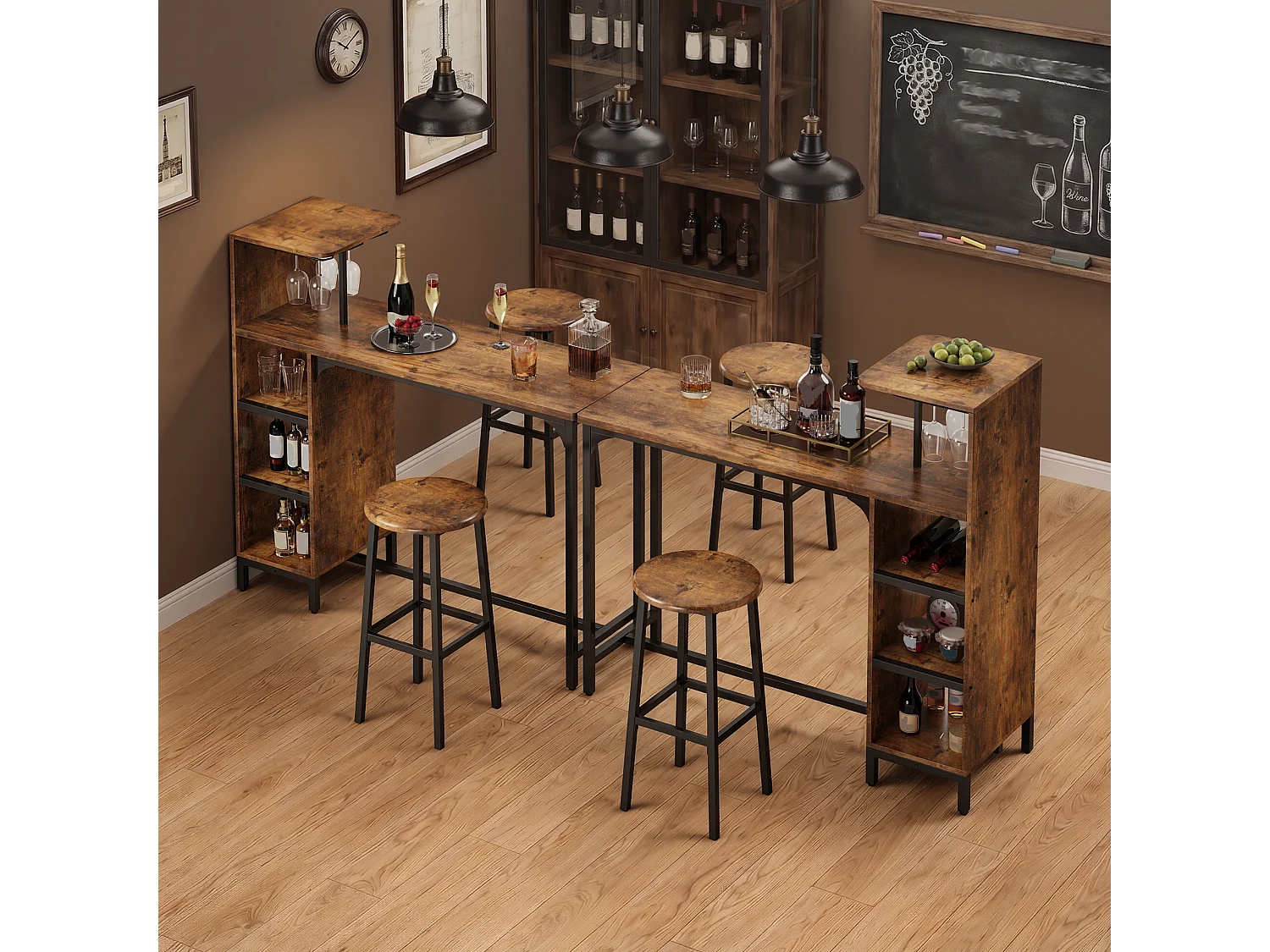 Ensemble Table et Chaises de Bar, 1 Table avec 2 Tabourets Hauts, avec Porte-Verres sur le Côté, Table de 120×40×120 cm, Tabourets Hauts de 39×16×60 cm, marron