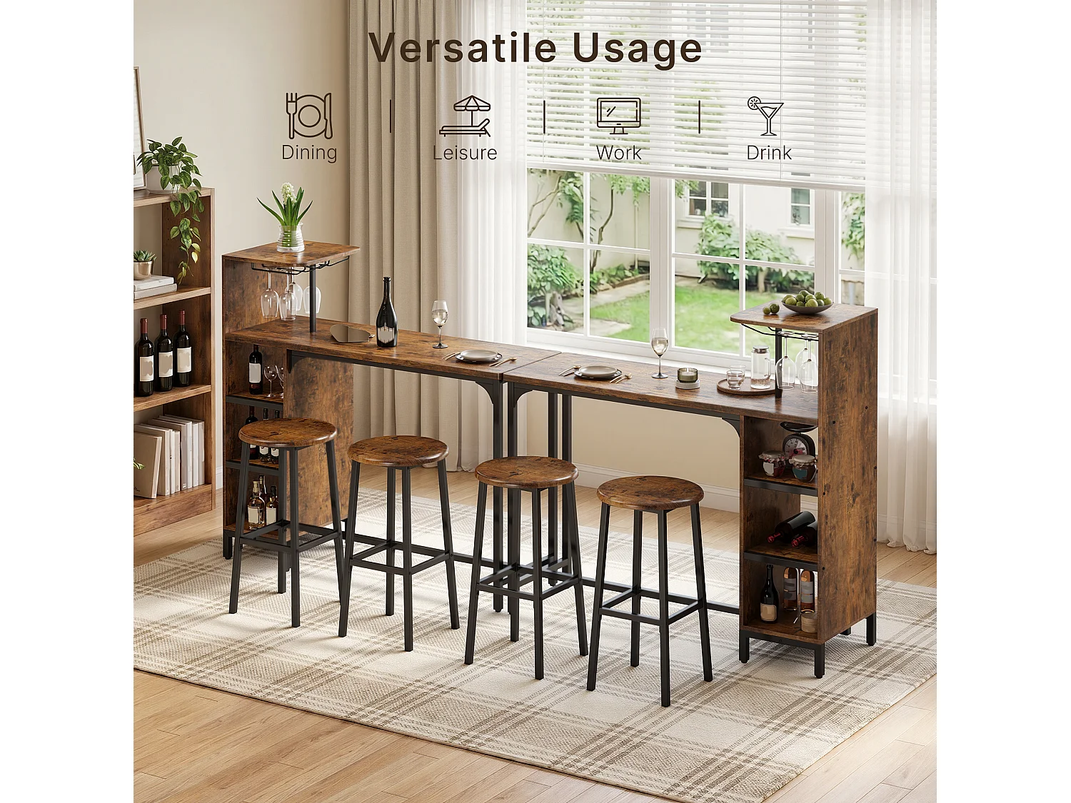 Ensemble Table et Chaises de Bar, 1 Table avec 2 Tabourets Hauts, avec Porte-Verres sur le Côté, Table de 120×40×120 cm, Tabourets Hauts de 39×16×60 cm, marron