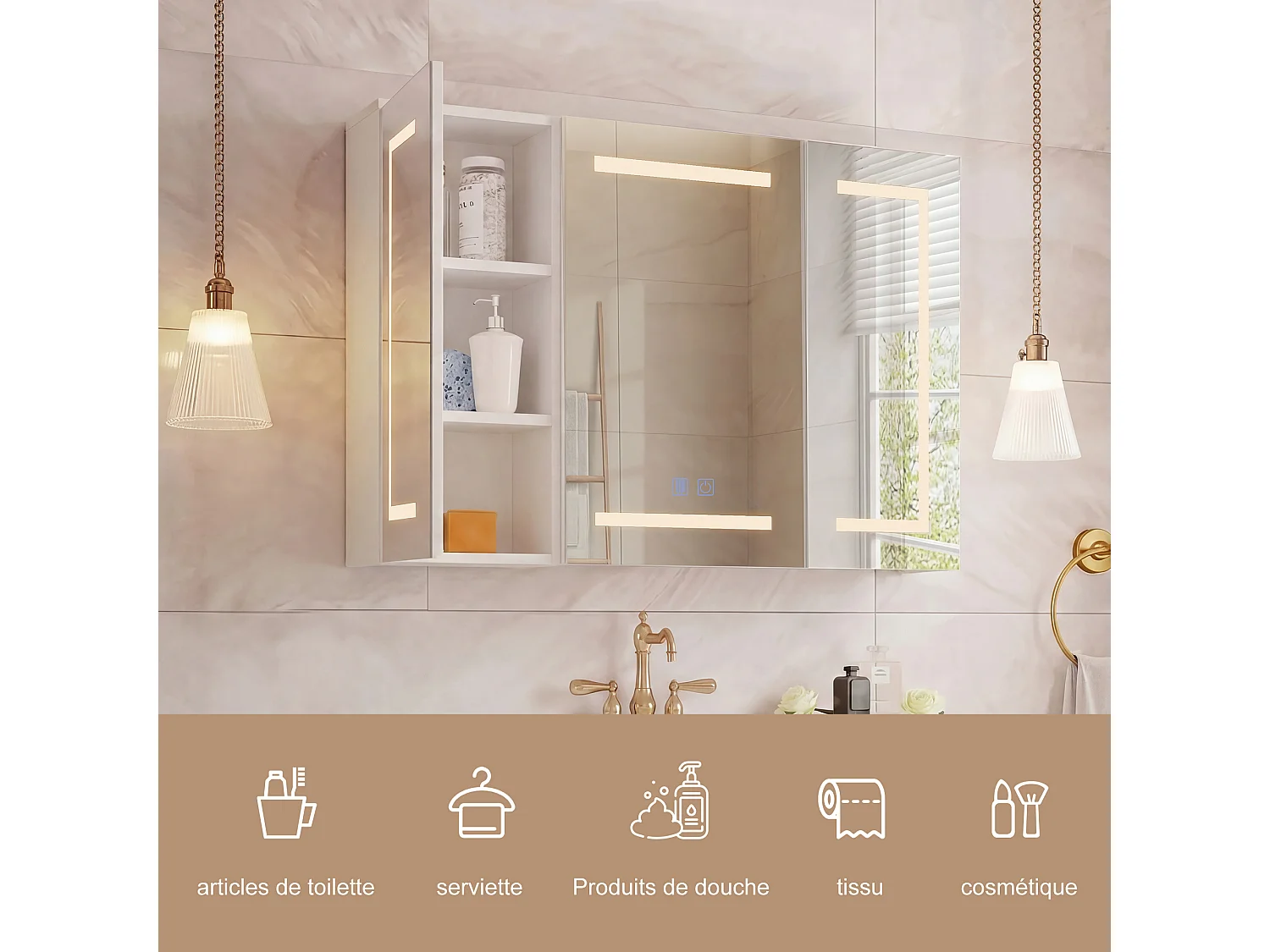 Armoire Murale Salle de Bain, avec Miroir et LED, 3 Portes,100x13.5x60cm, avec Étagère Réglable,Moderne,Blanc