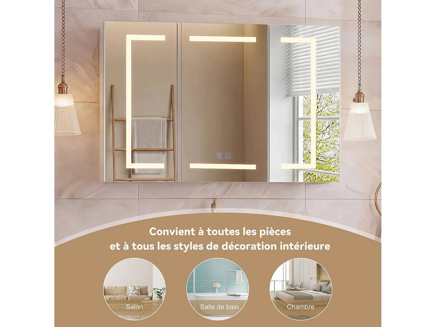 Armoire Murale Salle de Bain, avec Miroir et LED, 3 Portes,100x13.5x60cm, avec Étagère Réglable,Moderne,Blanc