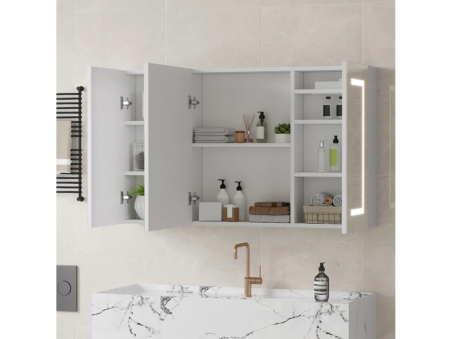 Armoire Murale Salle de Bain, avec Miroir et LED, 3 Portes,100x13.5x60cm, avec Étagère Réglable,Moderne,Blanc