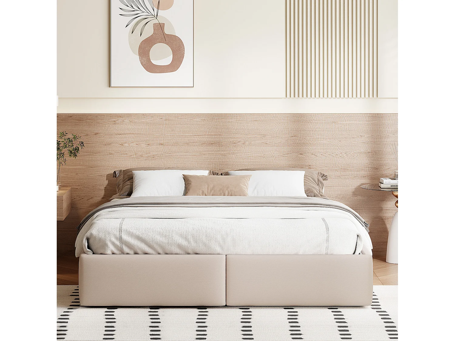 Lit coffre 160x200cm, lit adulte avec 2 tiroirs sans tête de lit,beige,sans matelas