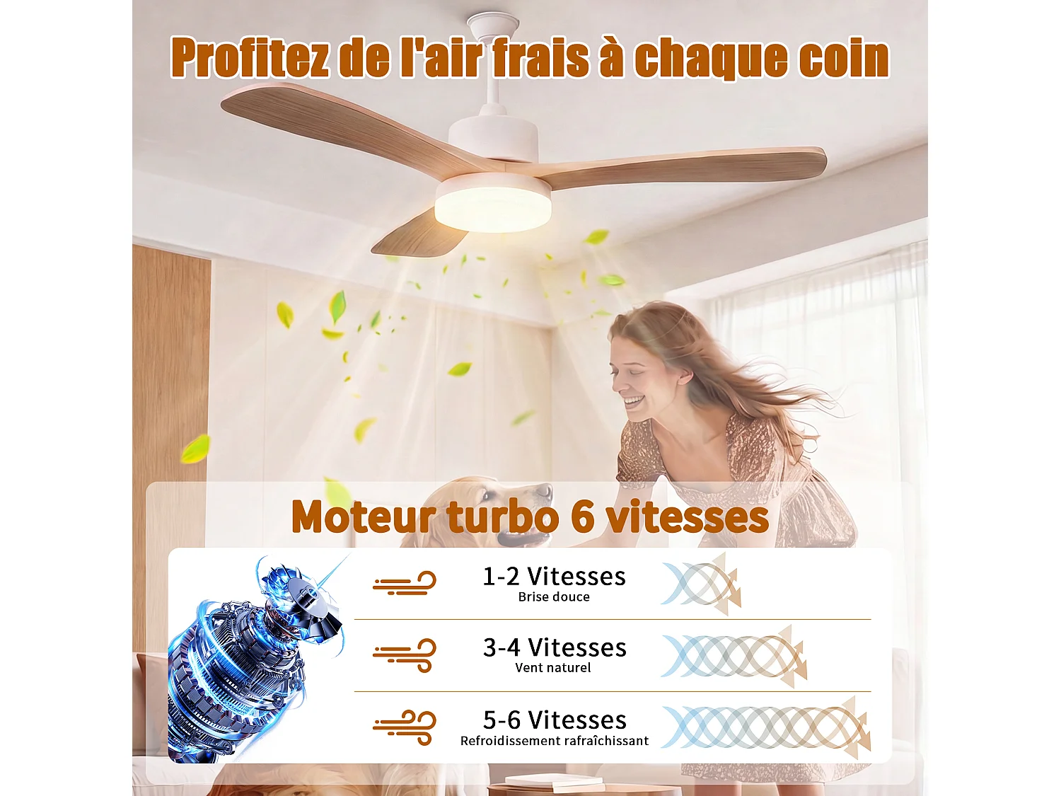 Ventilateur Plafond Silencieux,Ventilo Plafond Avec Lumière Et Télécommande,Avec Lumière Dimmable, Fonction Été-Hiver, 6 Vitesses,Timing