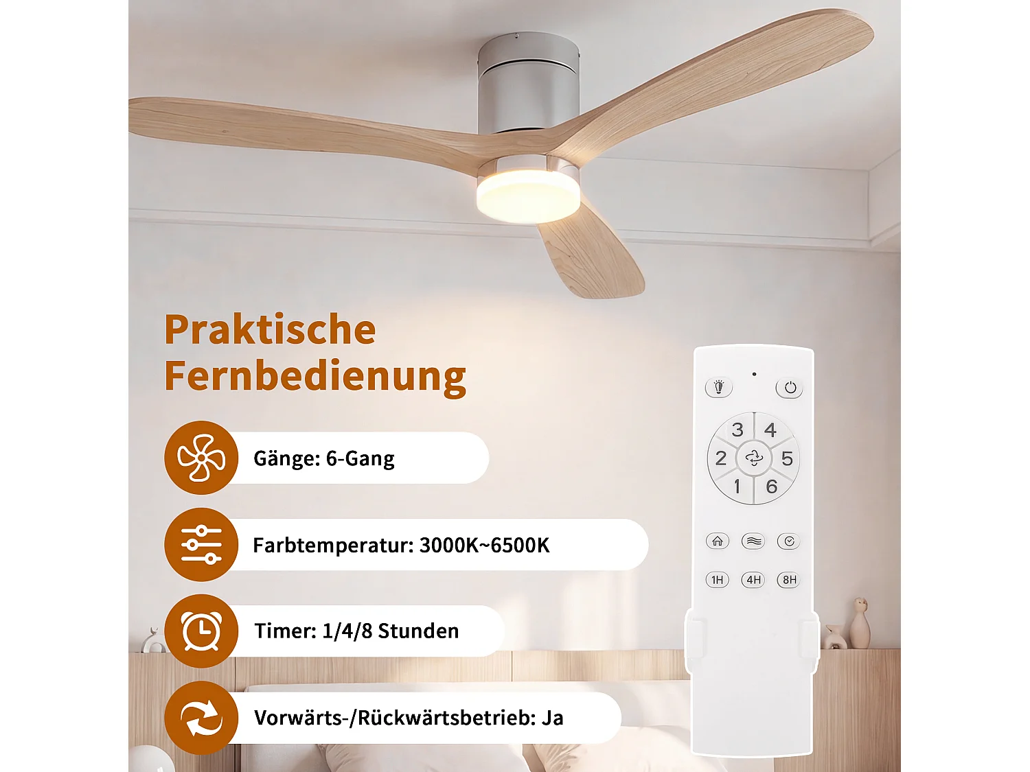 Ventilateur Plafond Silencieux,Ventilo Plafond Avec Lumière Et Télécommande, 132 Cm,Avec Lumière Dimmable, Fonction Été-Hiver, 6 Vitesses,Timing