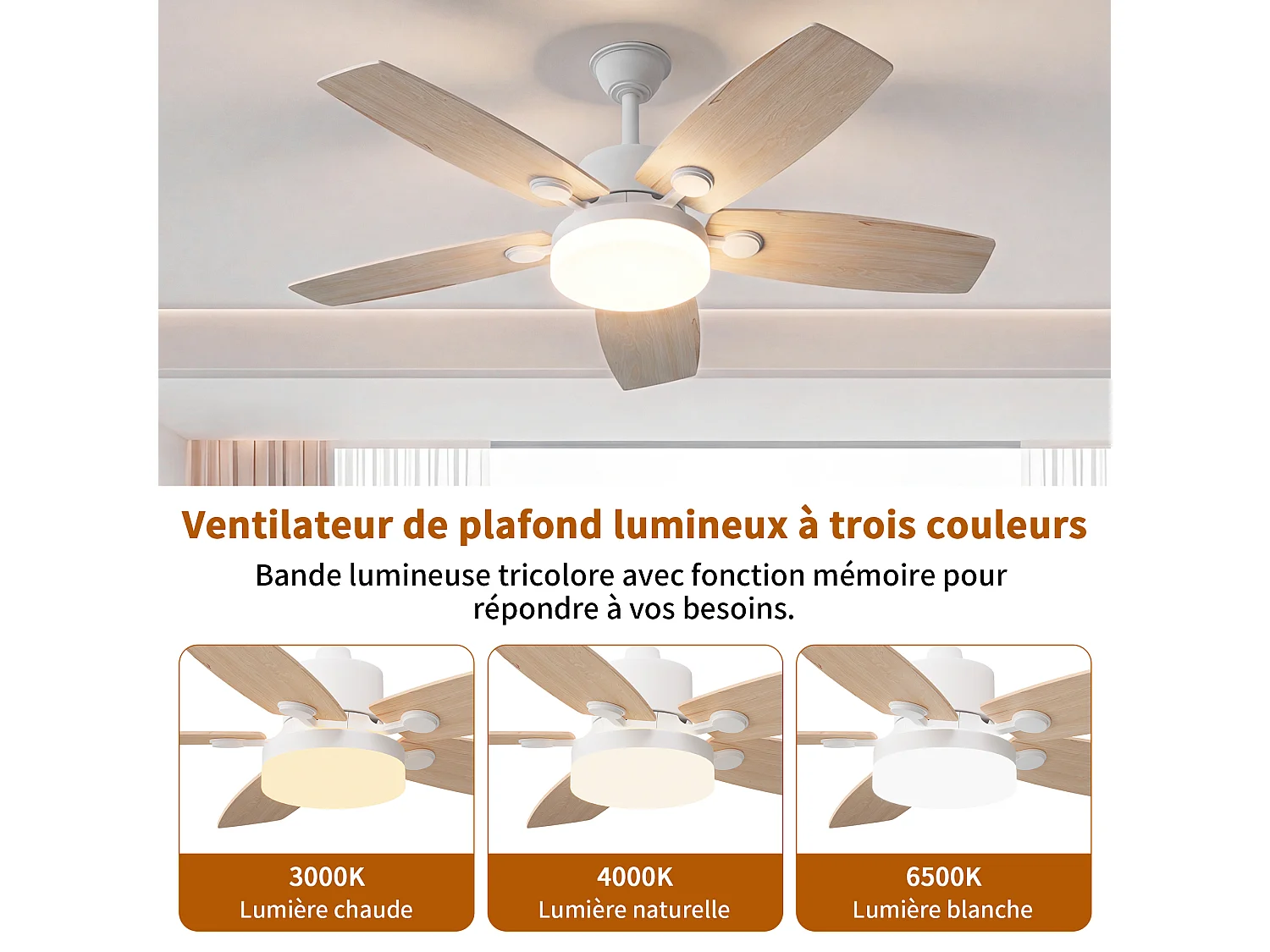 Ventilateur Plafond Silencieux,Ventilo Plafond Avec Lumière Et Télécommande,Avec Lumière Dimmable, Fonction Été-Hiver, 6 Vitesses,Timing