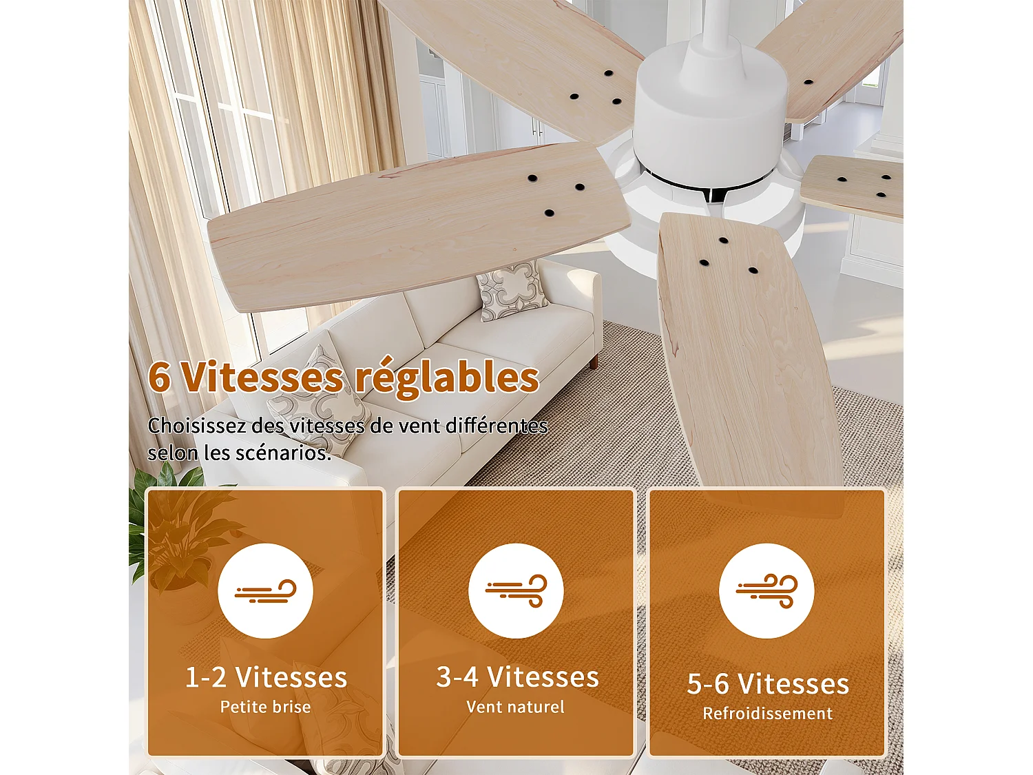 Ventilateur Plafond Silencieux,Ventilo Plafond Avec Lumière Et Télécommande,Avec Lumière Dimmable, Fonction Été-Hiver, 6 Vitesses,Timing