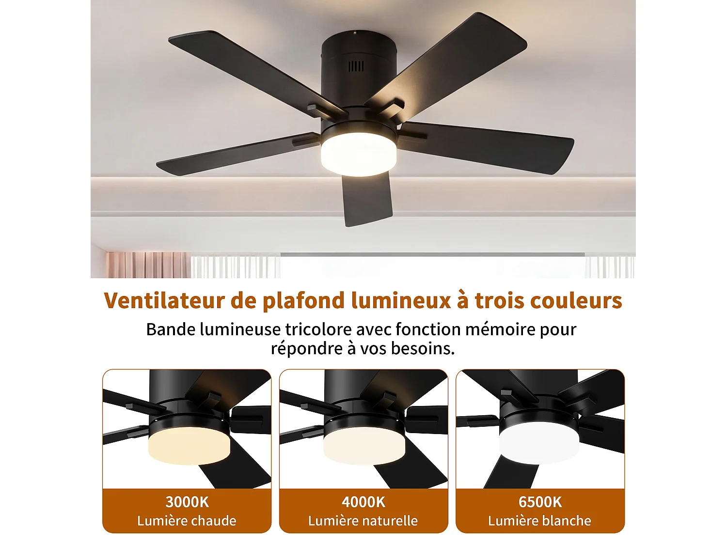 Ventilateur Plafond Silencieux,Ventilo Plafond Avec Lumière Et Télécommande,Avec Lumière Dimmable, Fonction Été-Hiver, 6 Vitesses,Timing