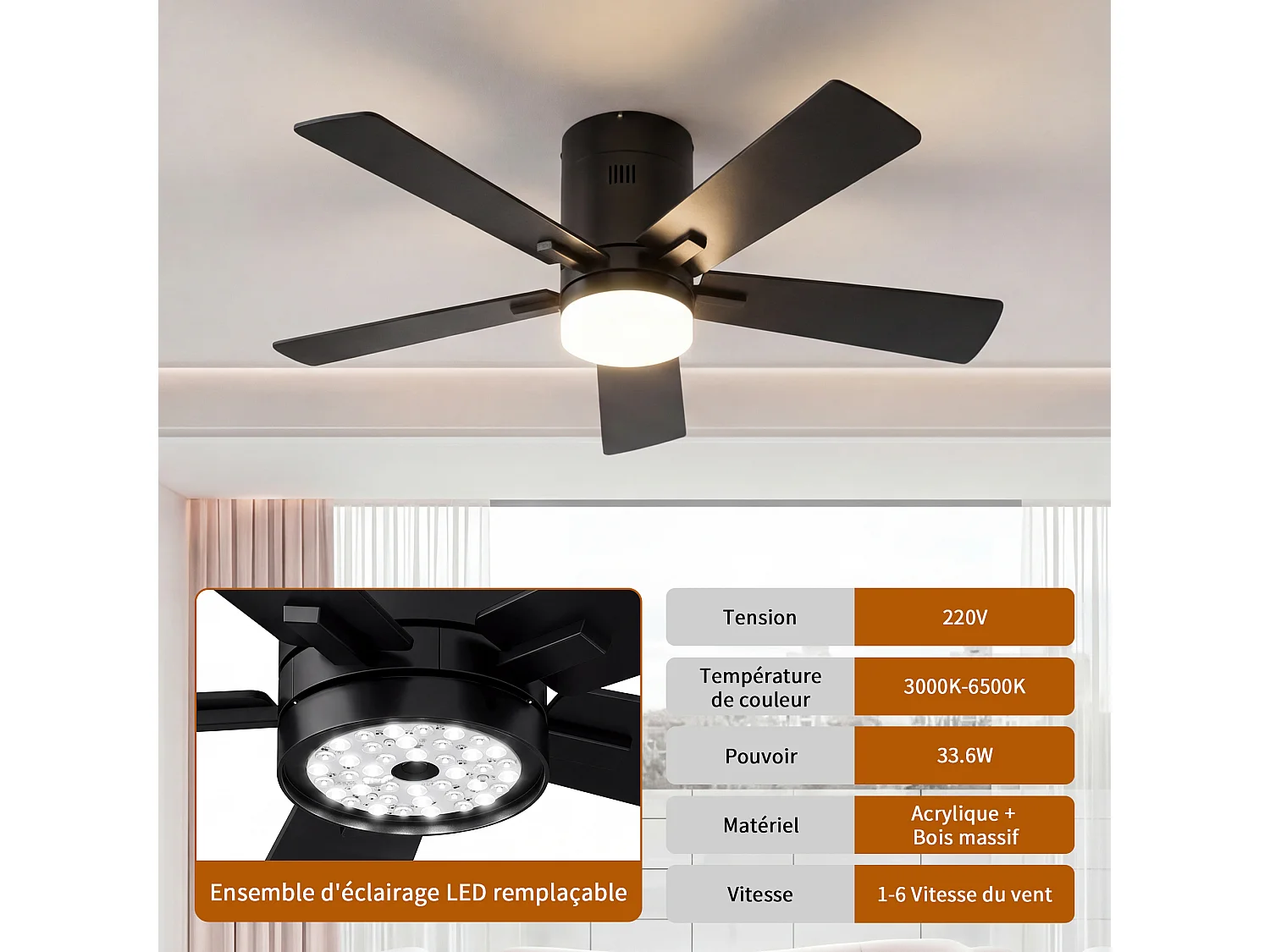 Ventilateur Plafond Silencieux,Ventilo Plafond Avec Lumière Et Télécommande,Avec Lumière Dimmable, Fonction Été-Hiver, 6 Vitesses,Timing