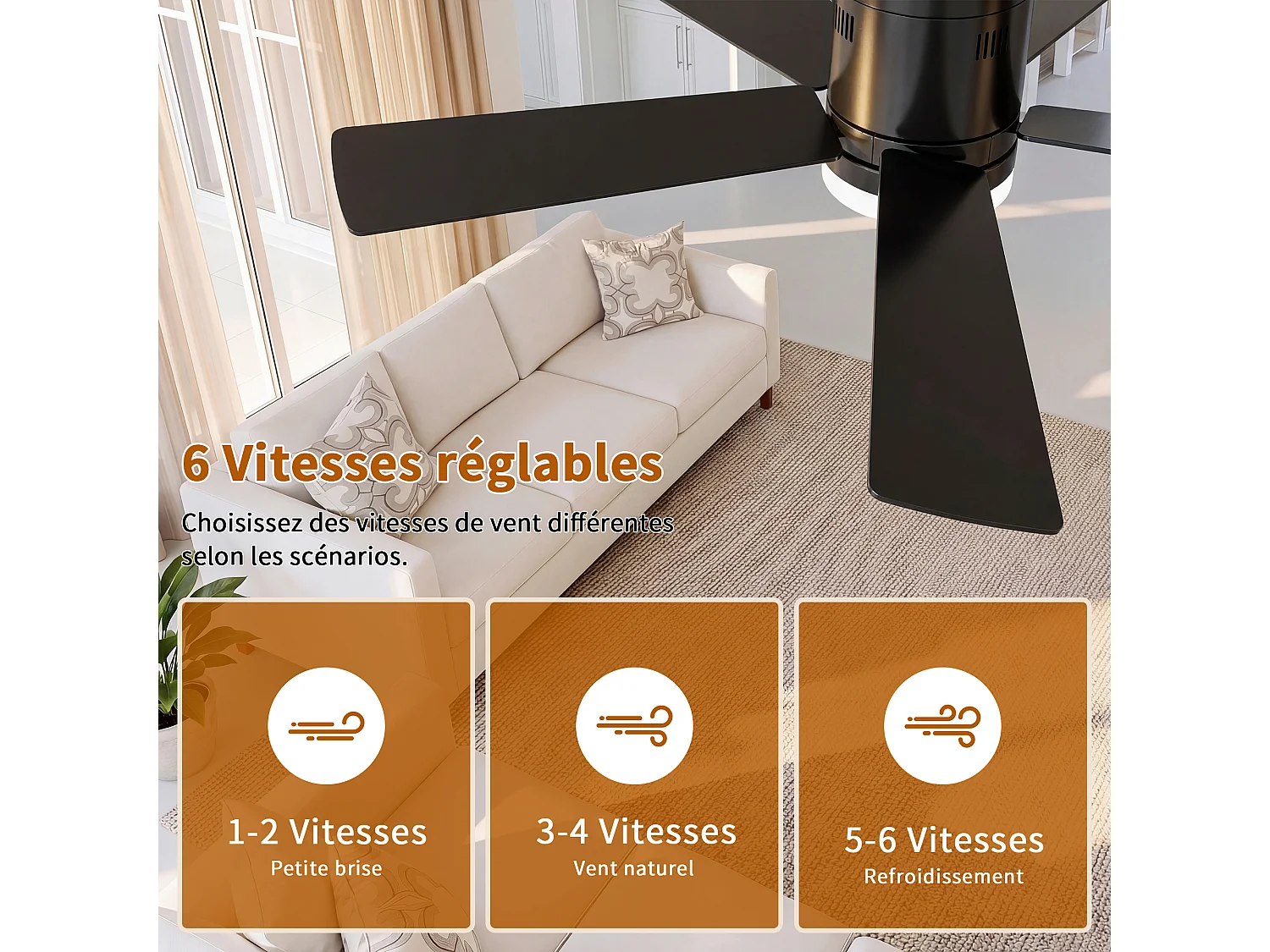 Ventilateur Plafond Silencieux,Ventilo Plafond Avec Lumière Et Télécommande,Avec Lumière Dimmable, Fonction Été-Hiver, 6 Vitesses,Timing
