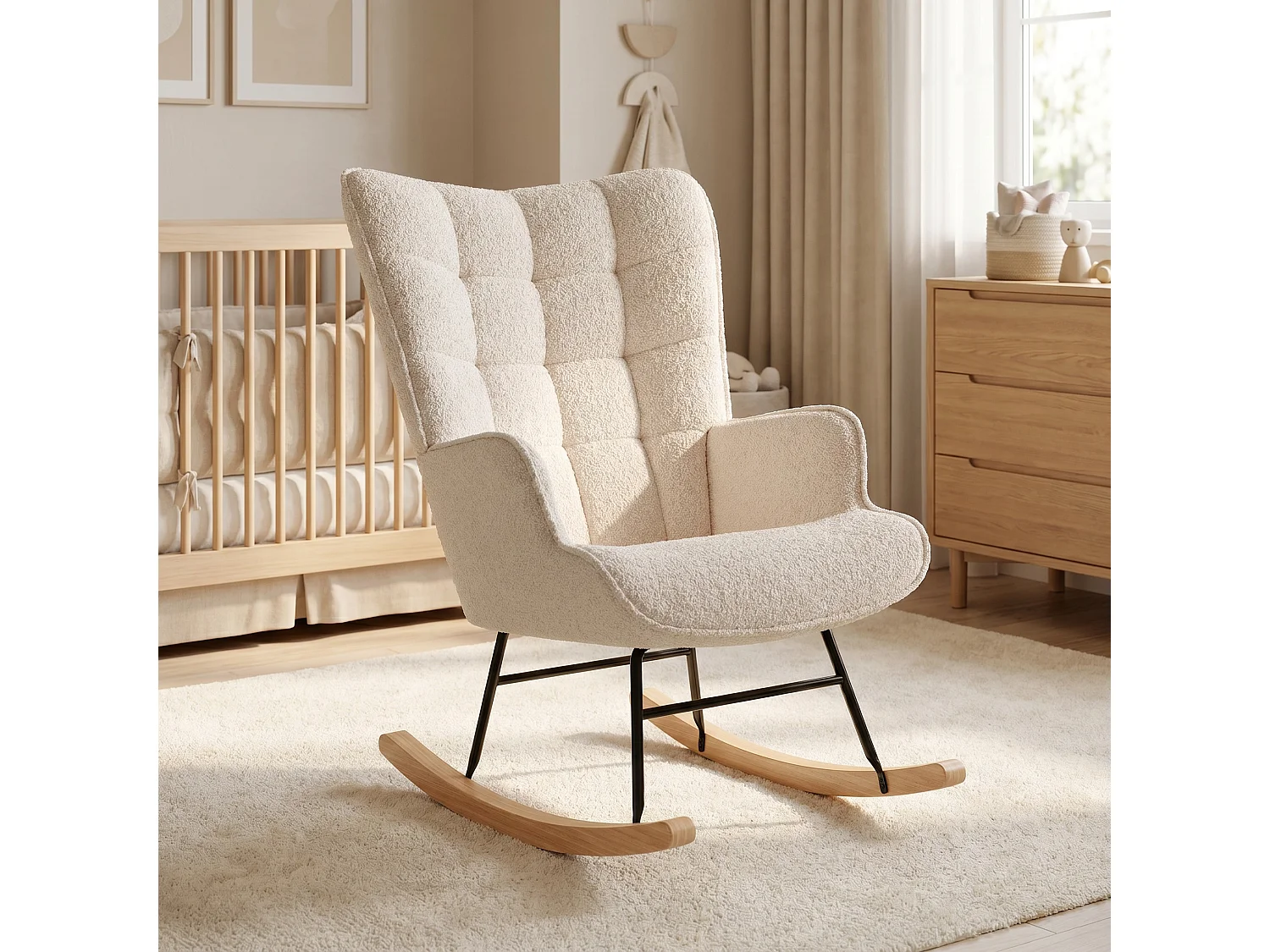 Fauteuil à Bascule, Rocking Chair, Fauteuil Allaitement, Nordique，Peluche ours en peluche, pieds en bois,Convient aux chambres, aux salons et aux balcons,Beige