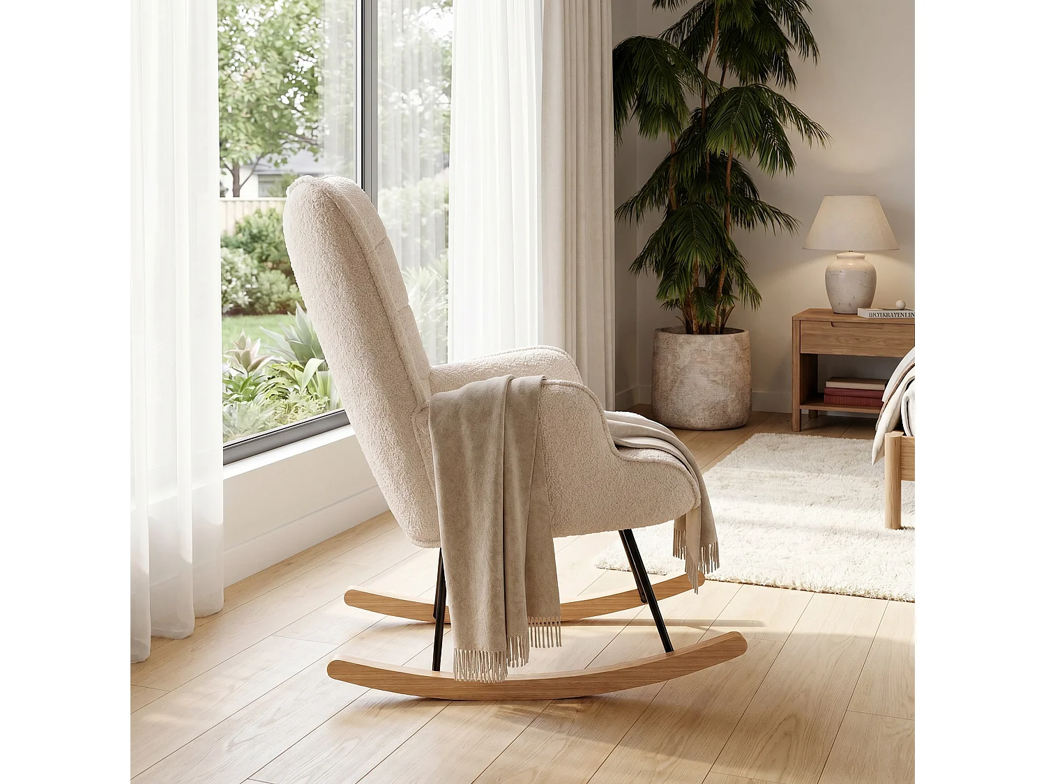 Fauteuil à Bascule, Rocking Chair, Fauteuil Allaitement, Nordique，Peluche ours en peluche, pieds en bois,Convient aux chambres, aux salons et aux balcons,Beige
