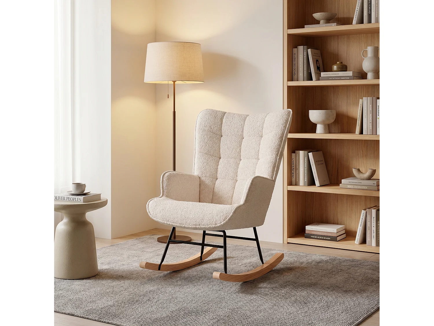 Fauteuil à Bascule, Rocking Chair, Fauteuil Allaitement, Nordique，Peluche ours en peluche, pieds en bois,Convient aux chambres, aux salons et aux balcons,Beige