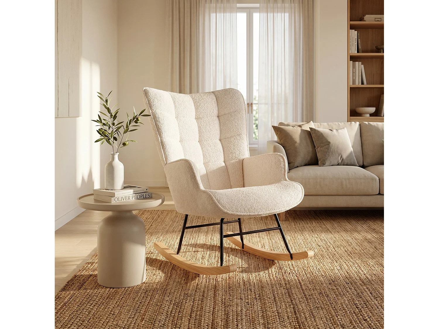Fauteuil à Bascule, Rocking Chair, Fauteuil Allaitement, Nordique，Peluche ours en peluche, pieds en bois,Convient aux chambres, aux salons et aux balcons,Beige