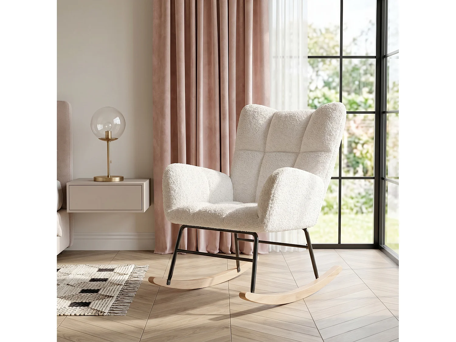 Fauteuil à Bascule,Rocking Chair,Fauteuil Allaitement,Chaise à Bascule Scandinave en Matériau Sherpa avec Pieds en Bois Convient,pour le salon et la chambre,Beige