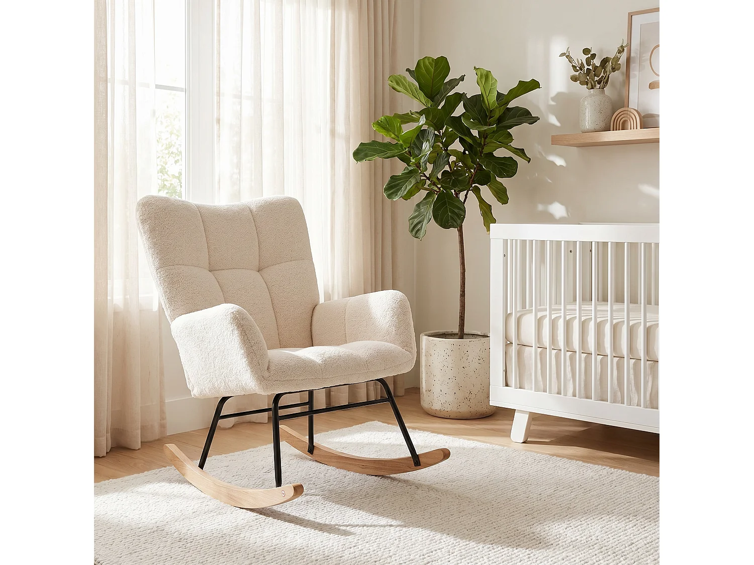 Fauteuil à Bascule,Rocking Chair,Fauteuil Allaitement,Chaise à Bascule Scandinave en Matériau Sherpa avec Pieds en Bois Convient,pour le salon et la chambre,Beige