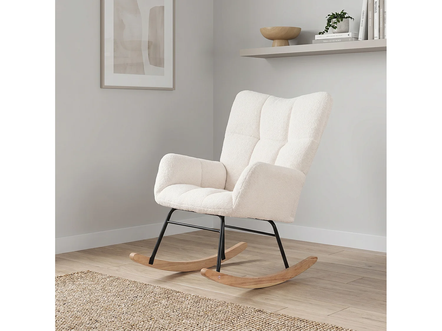 Fauteuil à Bascule,Rocking Chair,Fauteuil Allaitement,Chaise à Bascule Scandinave en Matériau Sherpa avec Pieds en Bois Convient,pour le salon et la chambre,Beige