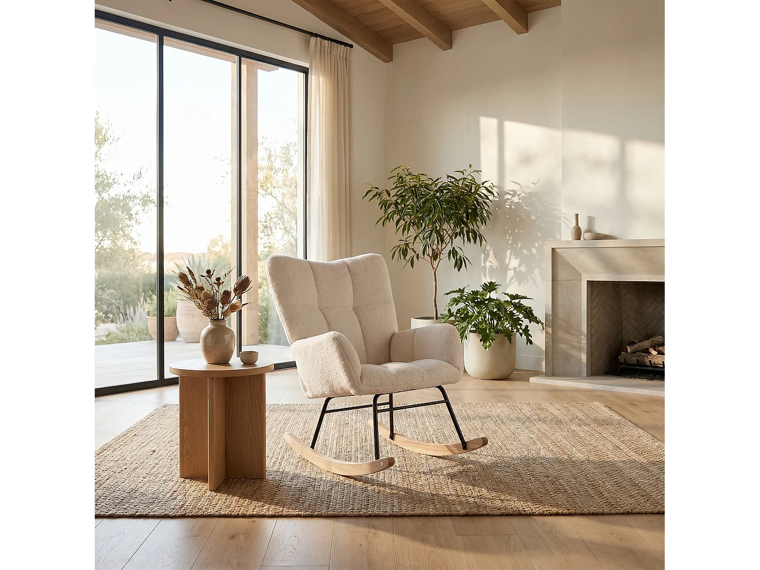 Fauteuil à Bascule,Rocking Chair,Fauteuil Allaitement,Chaise à Bascule Scandinave en Matériau Sherpa avec Pieds en Bois Convient,pour le salon et la chambre,Beige