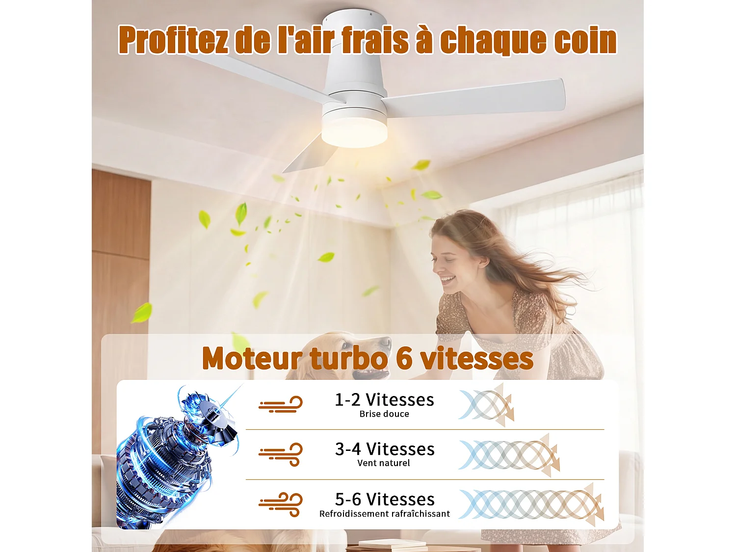 Ventilateur Plafond Silencieux,Ventilo Plafond Avec Lumière Et Télécommande,Avec Lumière Dimmable, Fonction Été-Hiver, 6 Vitesses,Timing