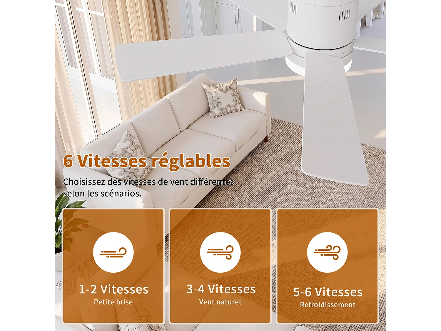 Ventilateur Plafond Silencieux,Ventilo Plafond Avec Lumière Et Télécommande,Avec Lumière Dimmable, Fonction Été-Hiver, 6 Vitesses,Timing