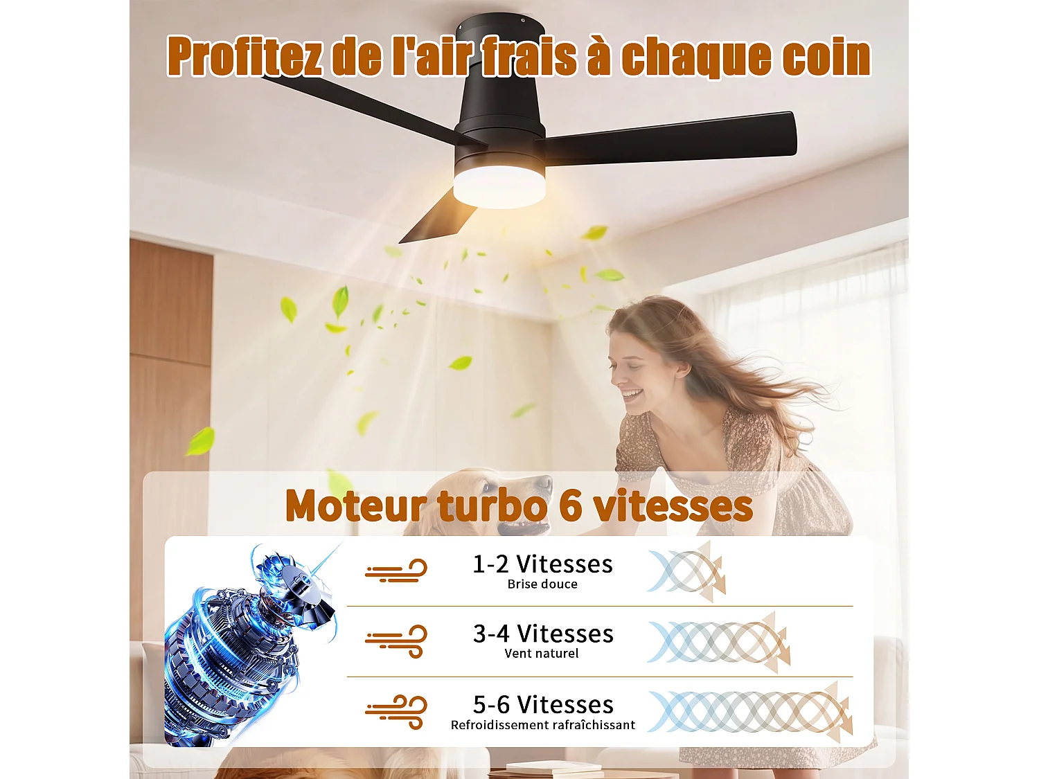 Ventilateur Plafond Silencieux,Ventilo Plafond Avec Lumière Et Télécommande,Avec Lumière Dimmable, Fonction Été-Hiver, 6 Vitesses,Timing