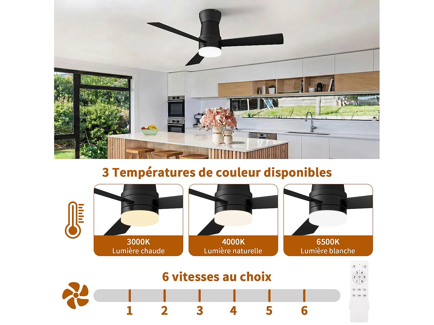 Ventilateur Plafond Silencieux,Ventilo Plafond Avec Lumière Et Télécommande,Avec Lumière Dimmable, Fonction Été-Hiver, 6 Vitesses,Timing