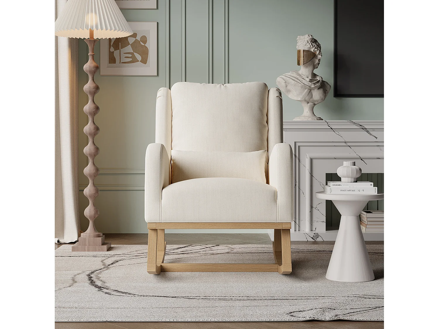 Fauteuil à Bascule Scandinave, Rocking Chair en Lin, Pieds en Bois d’Hévéa,Beige