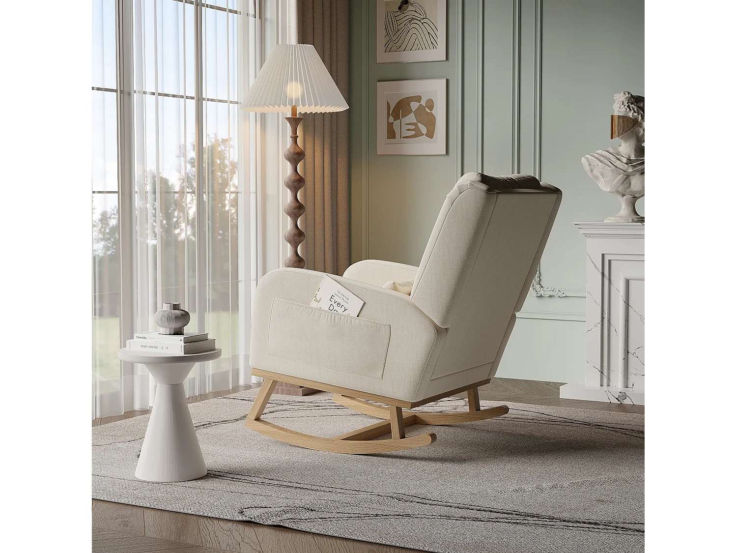 Fauteuil à Bascule Scandinave, Rocking Chair en Lin, Pieds en Bois d’Hévéa,Beige