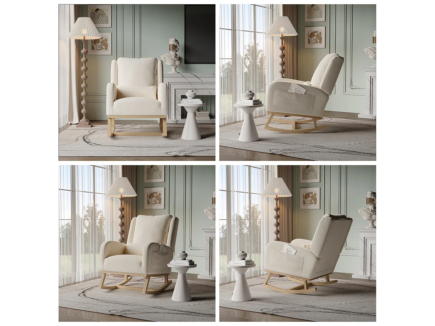 Fauteuil à Bascule Scandinave, Rocking Chair en Lin, Pieds en Bois d’Hévéa,Beige