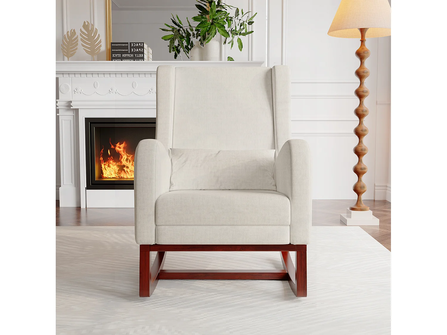 Fauteuil à bascule en velours givré avec 2 poches latérales, assise large et confortable, Beige