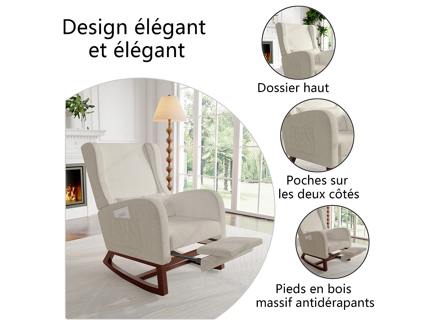 Fauteuil à bascule en velours givré avec 2 poches latérales, assise large et confortable, Beige