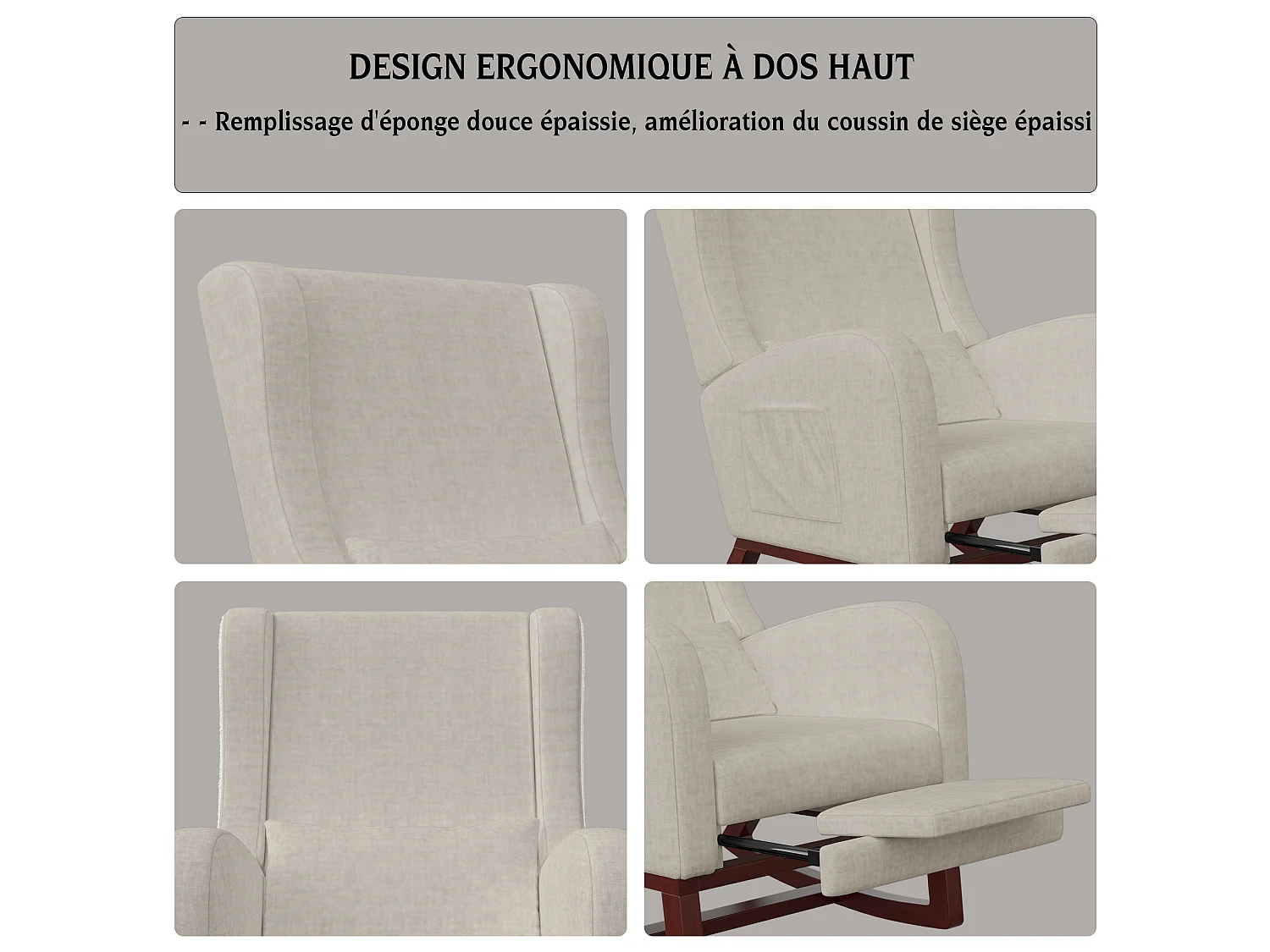 Fauteuil à bascule en velours givré avec 2 poches latérales, assise large et confortable, Beige
