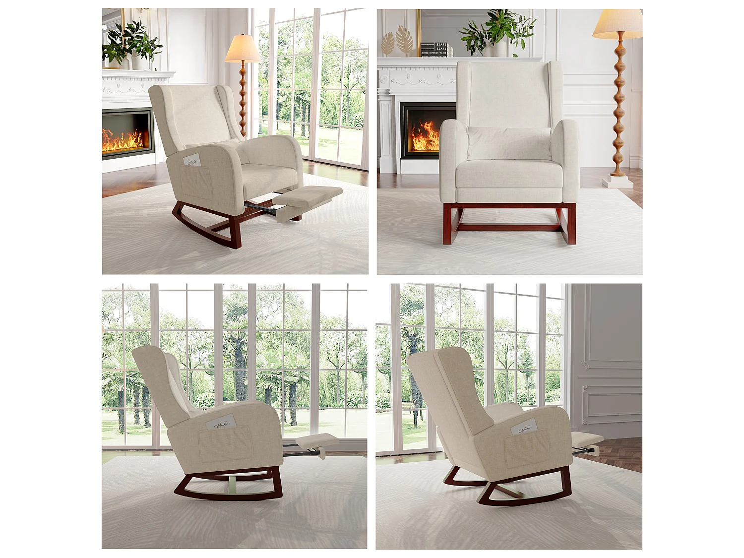 Fauteuil à bascule en velours givré avec 2 poches latérales, assise large et confortable, Beige