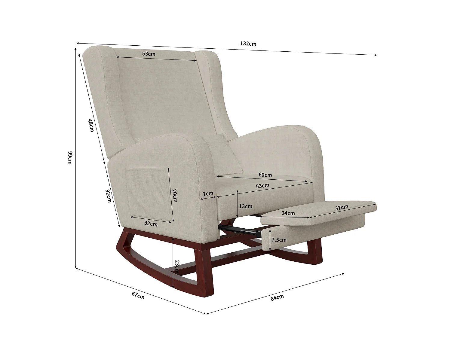 Fauteuil à bascule en velours givré avec 2 poches latérales, assise large et confortable, Beige