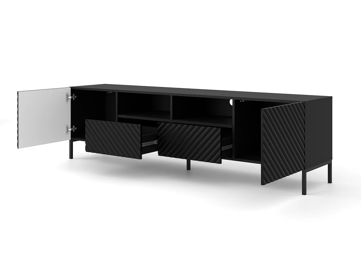 TV-Lowboard SURF 200 cm Schwarz Matt mit schwarzen Metallfüßen