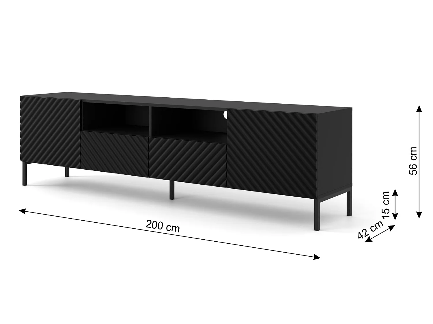 TV-Lowboard SURF 200 cm Schwarz Matt mit schwarzen Metallfüßen