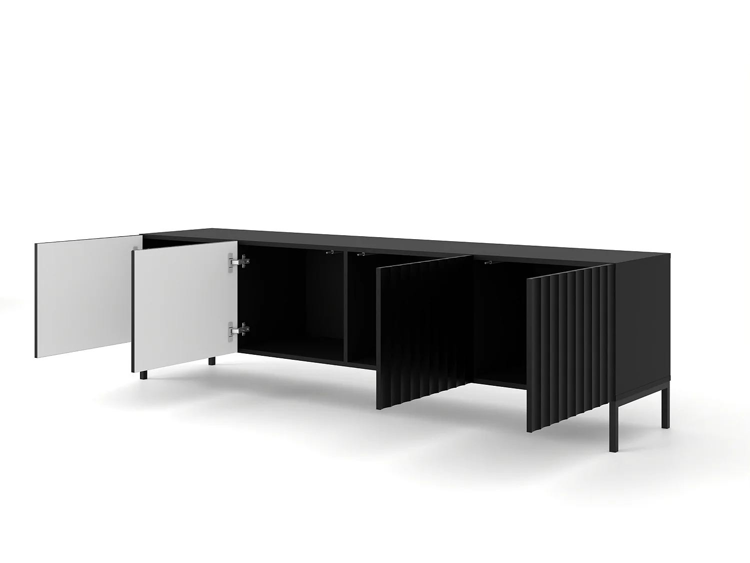 TV-Lowboard WAVE 200 cm Schwarz matt mit schwarzen Metallfüßen