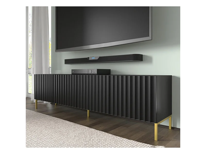 TV-Lowboard WAVE 200 cm Schwarz matt mit schwarzen Metallfüßen