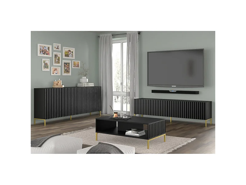 TV-Lowboard WAVE 200 cm Schwarz matt mit schwarzen Metallfüßen